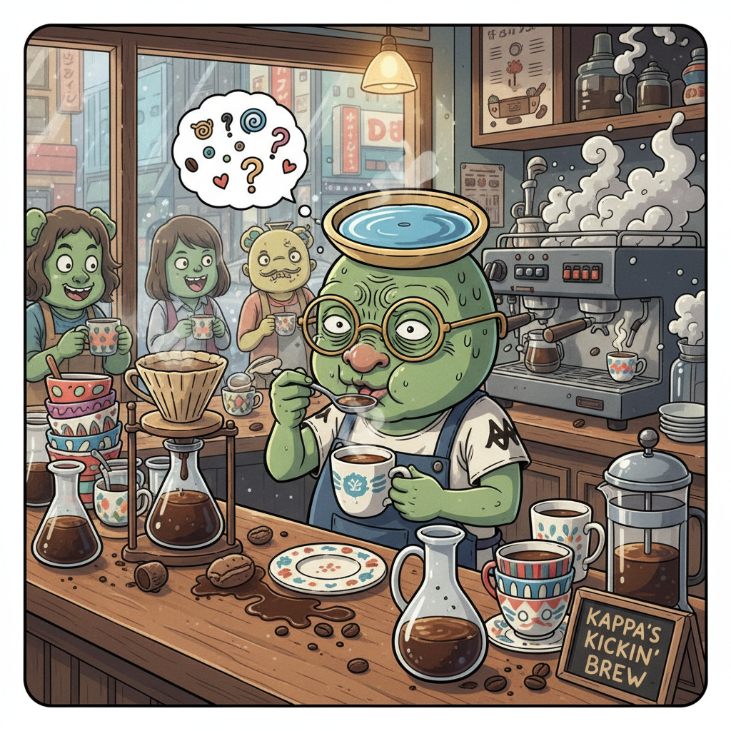 Kappa yokai tasting coffee