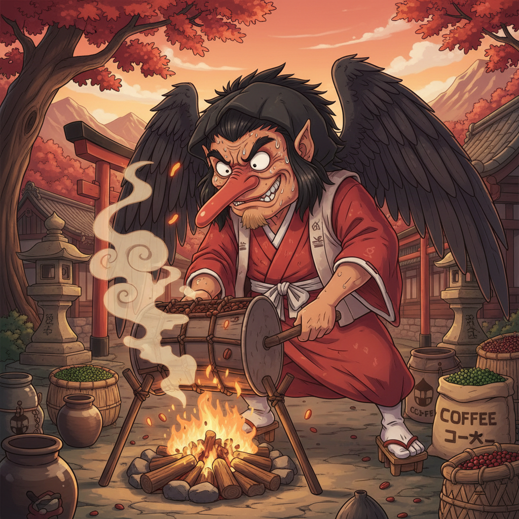 Tengu yokai roasting coffee